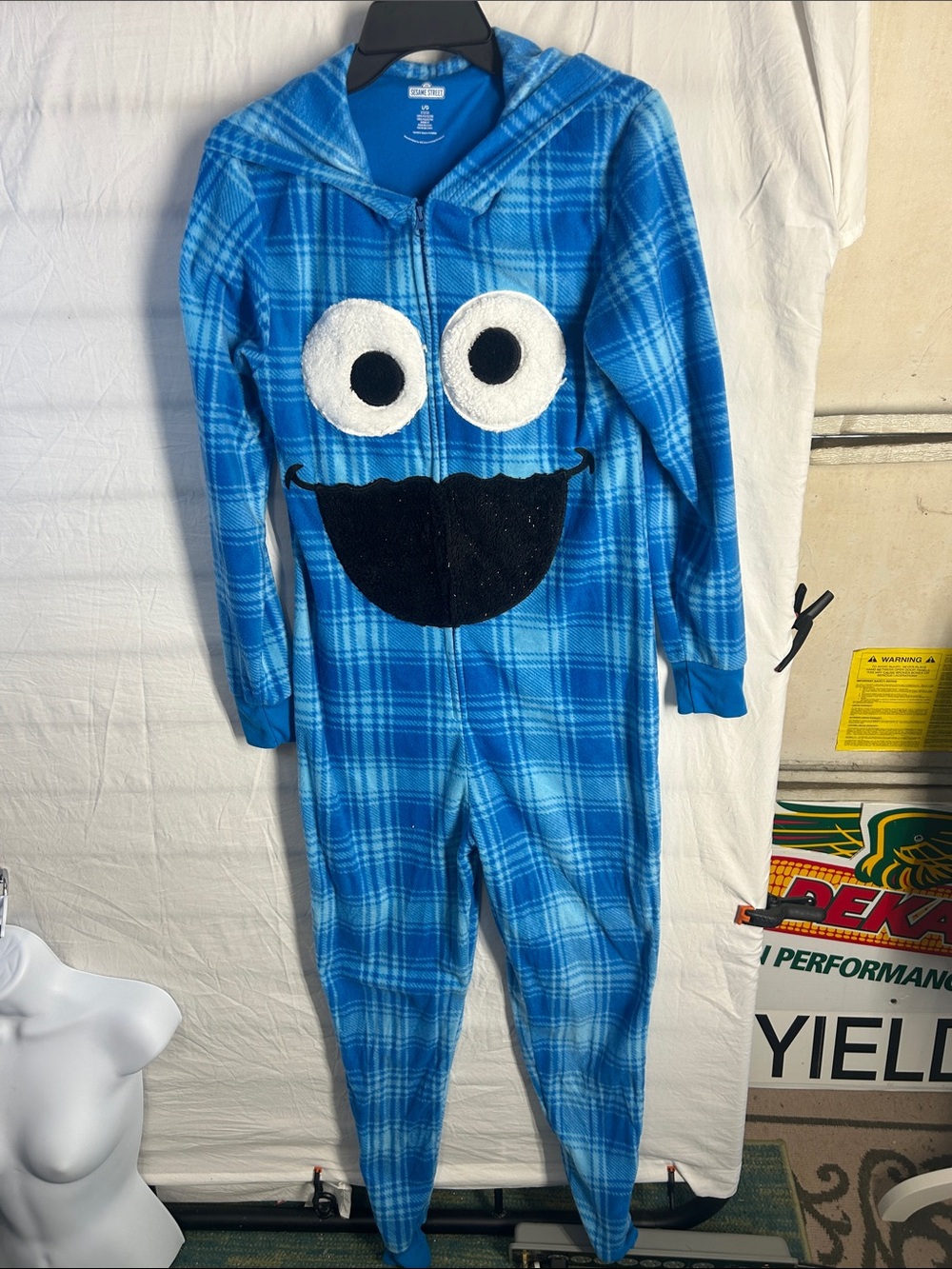 Sesame Street Blue Plaid Cookie Monster Hooded One-Piece Footie